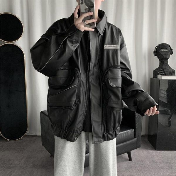 

men's jackets 2021 autumn leather coat ins loose casual long sleeve side big pocket solid color jacket m-2xl, Black;brown