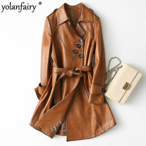 

women's leather & faux jacket genuine coat spring autumn 100% real sheepskin long korean clothes vintage 2021 kqn29052-1, Black