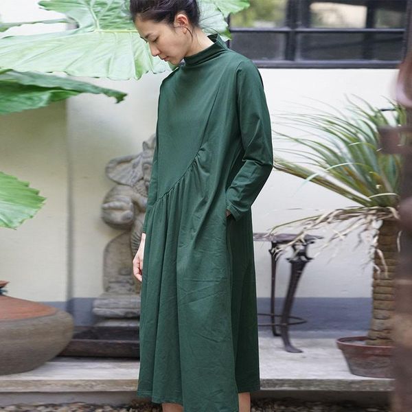 

casual dresses johnature autumn solid color half high collar bottoming dress 2021 simple loose comfortable long sleeve women pullover, Black;gray