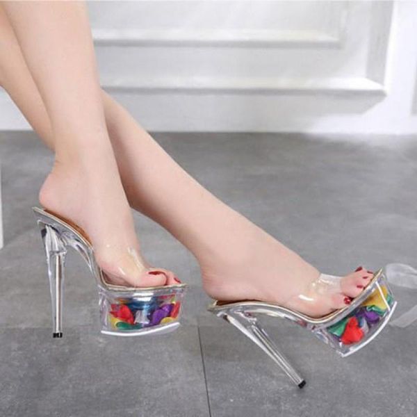 

night club high heel shoes 15cm thin platform transparent crystal clear women's summer sandals slingback sandal, Black