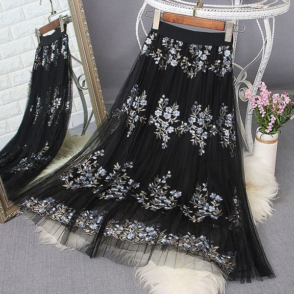 

skirts floral embroidery women skirt high waist mesh elegant a-line pleated jupe femme faldas saias outwear gfql, Black