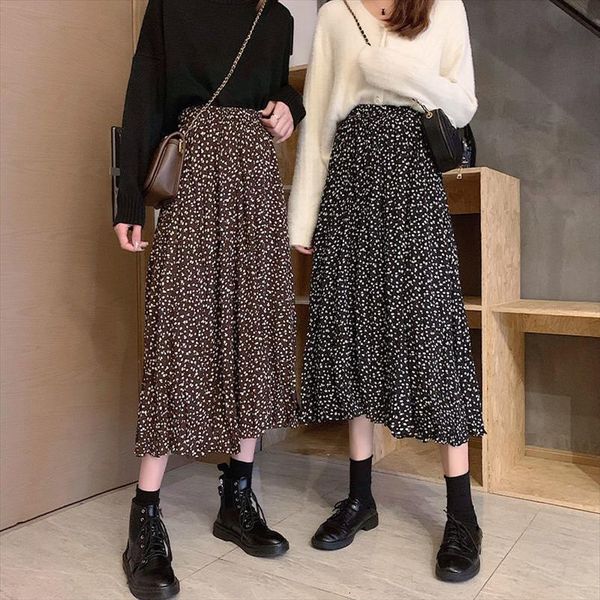 

vintage dot fashion spring summer women skirt elegant black casual chiffon bohemian midi skrit