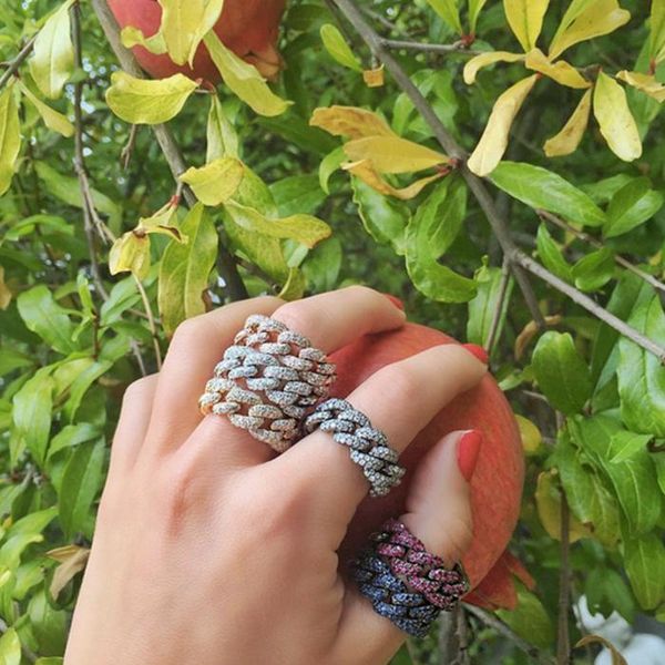 

cluster rings us # 6 7 8 gold color micro pave clear cubic zirconia cz cuban link chain ring for women men fashion charm hip hop party jewel, Golden;silver