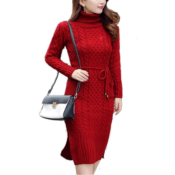 

winter dress vestido casual long sleeved turtleneck solid slim elegant pullover knitted pencil bodycon dresses 210602, Black;gray