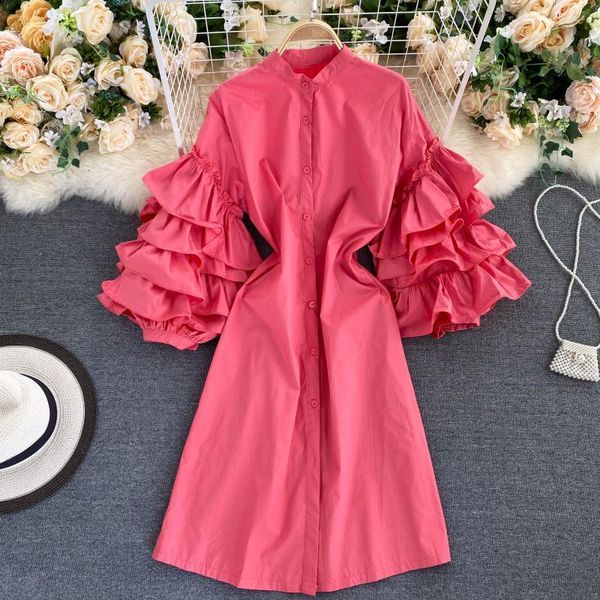 

casual dresses european autumn multi-layer lotus leaf bubble long sleeve single breasted loose shirt women fashion streetwear 2021, Black;gray