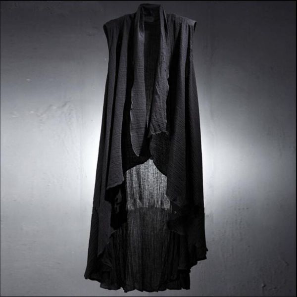 

men's vests summer solid color sleeveless vest original long show linen slim hair stylist irregular cloak open stitch costumes, Black;white