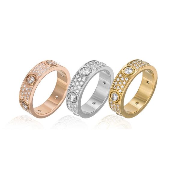 

wedding rings titanium steel 3 rows full cz paved screw love for women men cubic zirconia mid-finger ring bands aneis anel bague, Slivery;golden