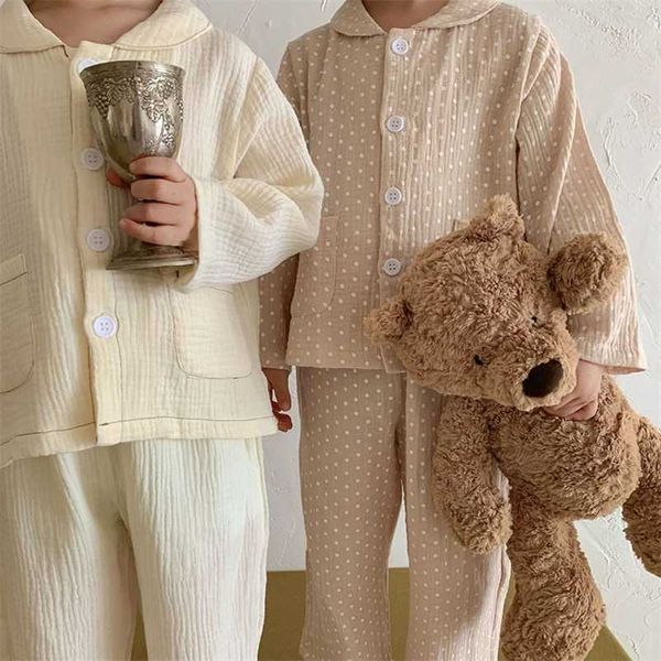 Sonbahar Çocuklar Pijama Dot Kızlar Pijama Casual NightClotes Kardeşler için Keten 211130
