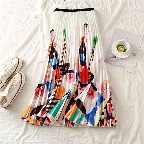 

pleated cartoon print high waist loose womens skirts causual long spring summer fashion street ladies bottoms, Black