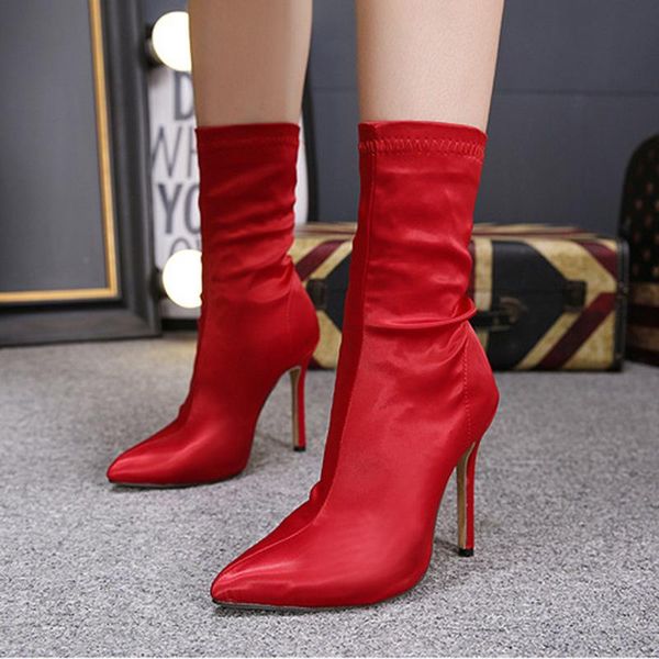 

boots high heel stretch thin cloth europe and america pointed toe casual women 2021 stiletto socks, Black