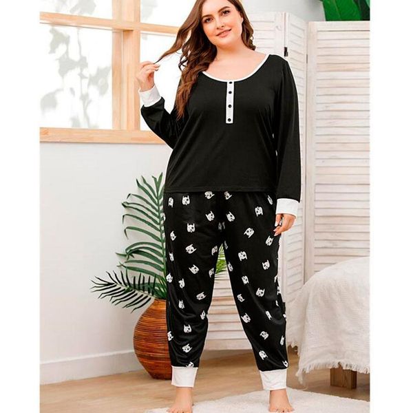

women sleepwear pajamas sets autumn and pants plus size 5xl 6xl 7xl long home female, Black;red