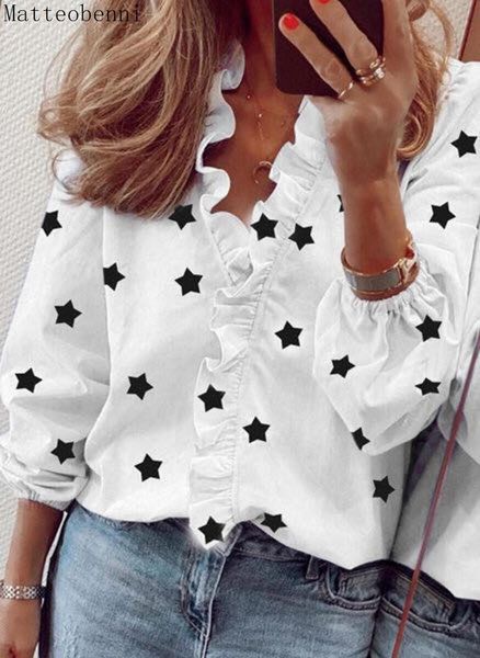

fashion print shirt women white blouses autumn long sleeve v neck ruffles shirts elegant office lady blouse spring plus size women's &