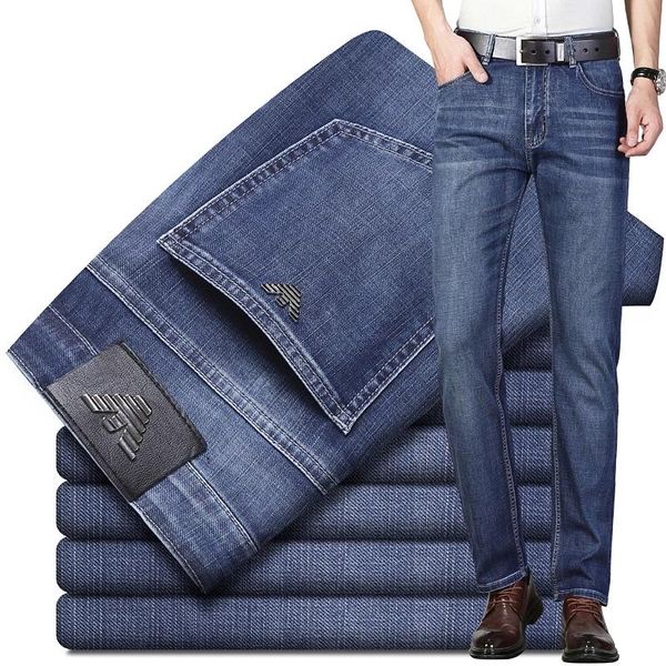

men's jeans summer thin cotton slim elastic italy eagle brand fashion business pants classic style spring denim trousers, Blue