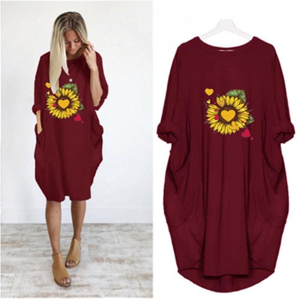 

casual dresses women dress sunflower printed cute flowers pockets vintage party clothes womans loose lady vestidos, Black;gray
