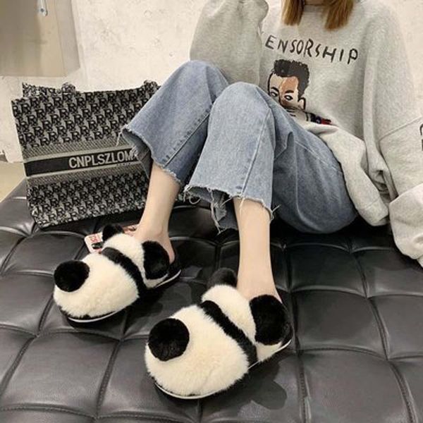 

cute home panda cotton slippers female 2021 autumn casual flat non-slip household pregnant women ins warm floor shoes, Black