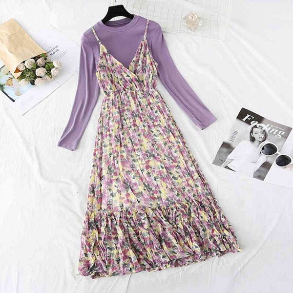 

dresses spring summer women elegant long sleeve t-shirt + sling floral chiffon 2 piece set ruffle pleated midi suit, Black;gray