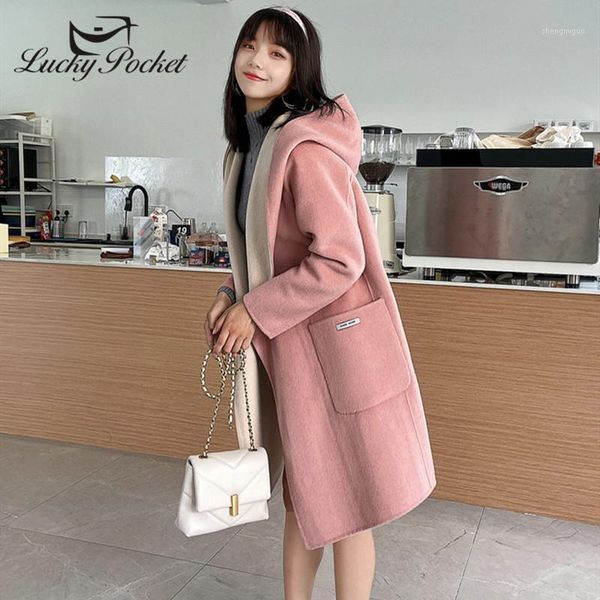 

women autumn winter long fashion slim sweet hooded woolen coat female high street ladies hit color spliced coats ml1080 women's wool &, Black