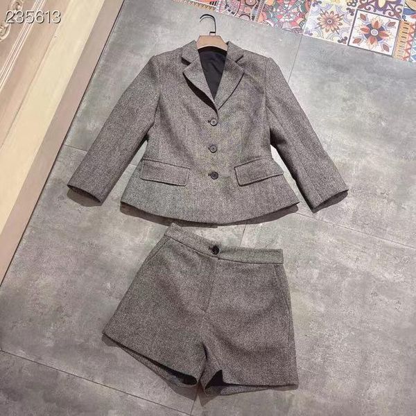 

women's tracksuits high street 2021 designer runway woolen suit set long sleeves single breasted jacket + mini shorts gray