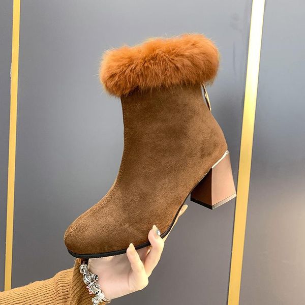 

dress shoes ladies square heel round head short boots 2021 winter outdoor keep warm fur women's waterproof women snow, Black