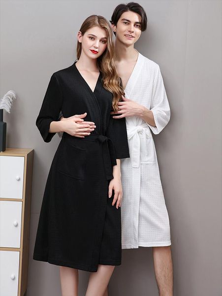 

men bath robe waffle women sleepwear shower nightgowns male bathrobe long woman man pajamas bademantel, Black;red