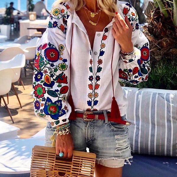 

fashion women floral print lantern sleeve blouse bohemian style embroidery v-neck long trends spring fall shirt women's blouses & shirt, White