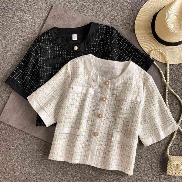 

summer small fragrance cardigan woolen coat women crop fashion vintage british outwear tweed short jacket 210514, Black;brown