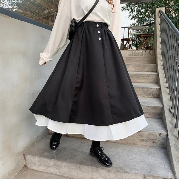

skirts ybyr vintage irregular long skirt women harajuku fashion button patchwork sweet girls elastic high waist maxi streetwear, Black