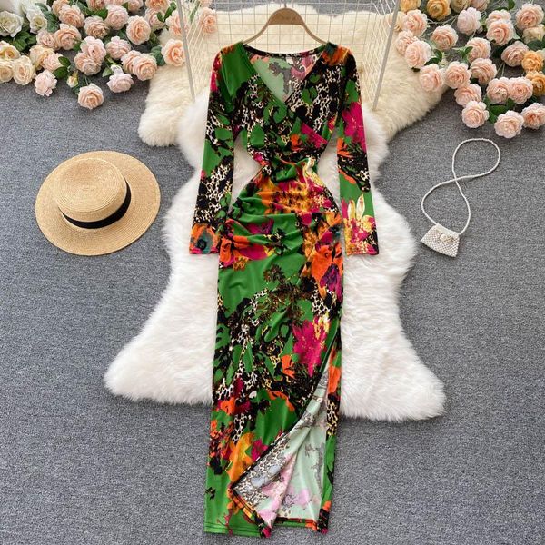 

casual dresses yizzhoy spring autumn bohemian split vacation long dress women retro print fashion sleeve v neck slim, Black;gray