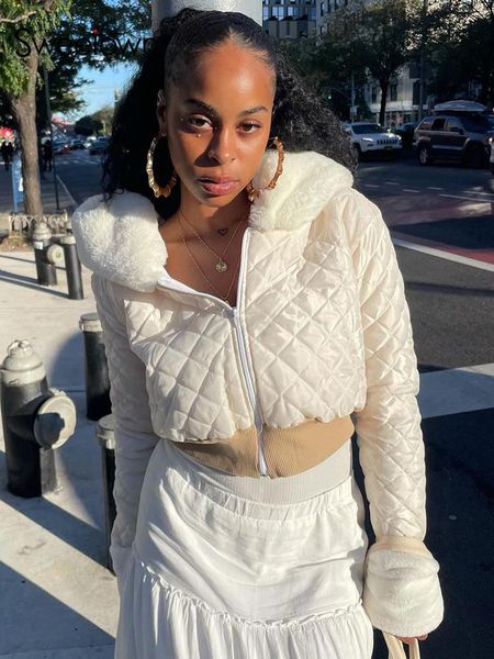 

Women's Jackets Sweetown Autumn Winter 2021 White Cropped Quilted Coats Women Faux Fur Trim Elegant Fashion Zip Up Fairycore Outwear, Black;brown