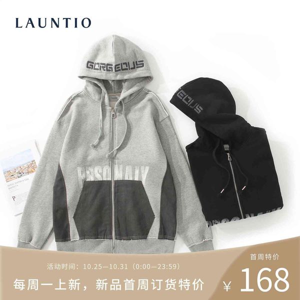 

launtio autumn and winter new letter print coat 2021 fashion splicing thickened hooded men's sweater, Black