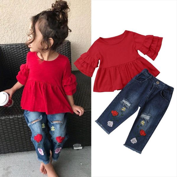 

fashion summer casual clothes sets 1 6y toddler baby girls petal sleeve red t shirts floral print blue hole, White