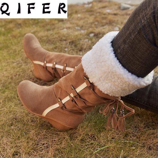 

boots women's mid-calf faux suede shoes woman round head wedge solid color keep warm winter fringe botas mujer, Black