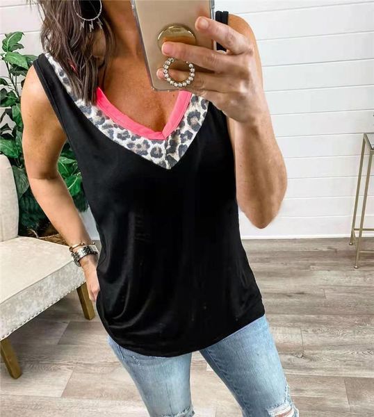 

women's t-shirt leopard v-neck patchwork fashion women t-shirts sleeveless summer casual 5xl large size black tee lady street loose, White