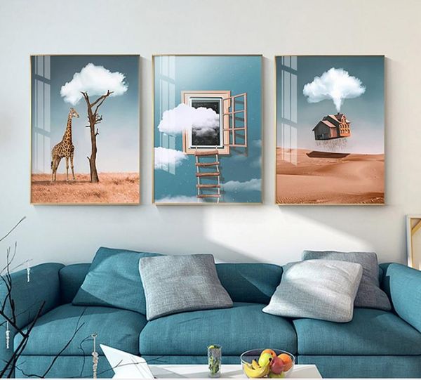 

cartoon minimalism floating house giraffe white cloud window wall art canvas painting posters baby room cute home decoration paintings
