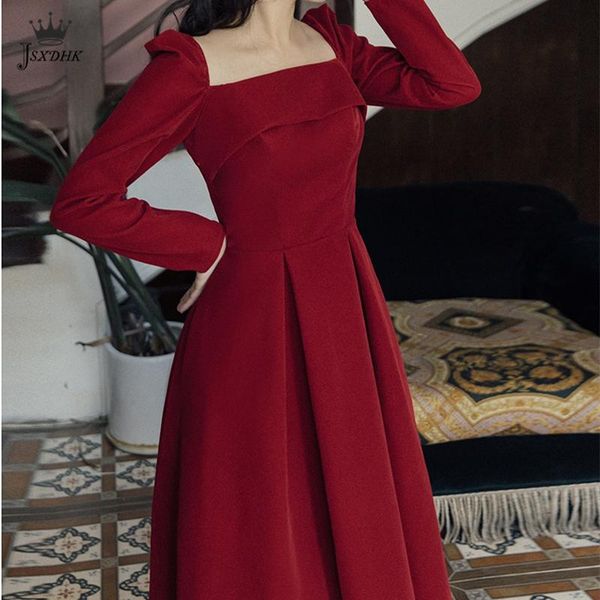 

casual dresses 2021winter restoring temperament midi dress women wine red square collar long sleeve velvet married a toast a-line party, Black;gray