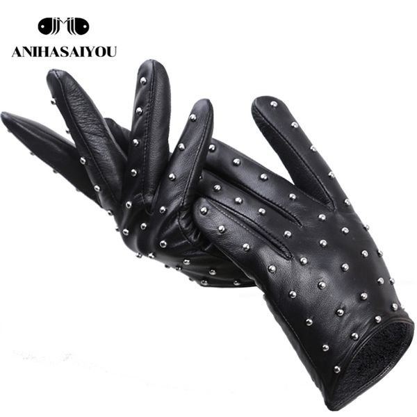 

rivets genuine leather sheepskin women' gloves thin warm winter driving motorcycle leather -7017 211124, Blue;gray