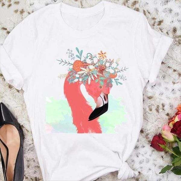 

cartoon flamingo flower beach womens t shirts short sleeve summer tshirts fashion clothes graphic lady print tee, White