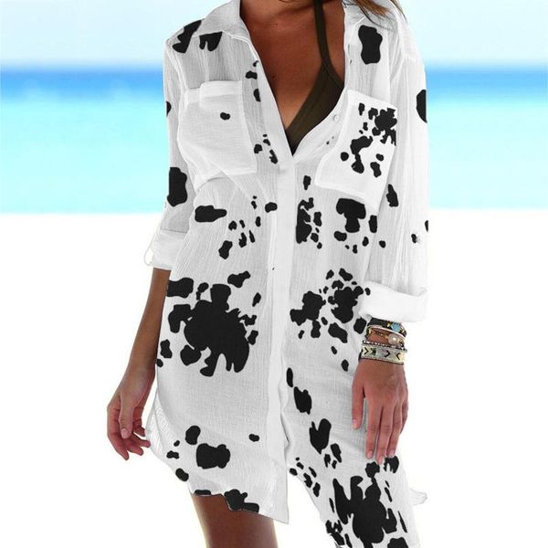 

casual dresses 40# shirt dress buttons lapel women print long sleeve loose beach pocket for 2021 cardigan, Black;gray