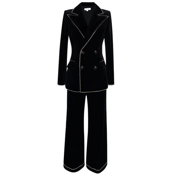 

women's two piece pants velvet pant suits office lady 2 sets double breasted blazer jacket & trousers suit for women set, White