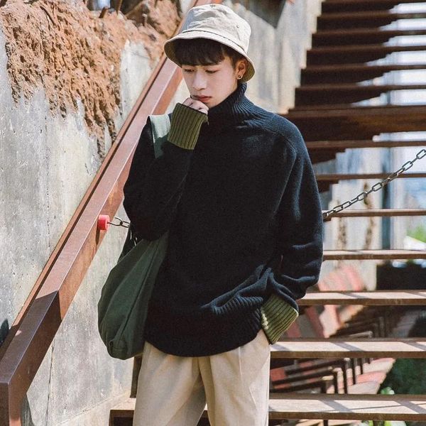 

men's sweaters hong kong style 2021 winter thick warm pullover sweater korean version of the high neck loose men'srendy brand, White;black