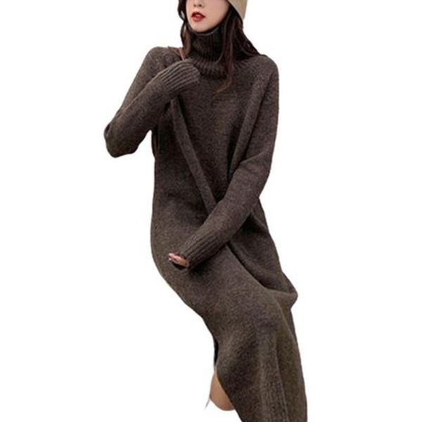 

women's sweaters 2021 autumn winter loose turtleneck sweater dress plus size long sleeve mid-length slit knit g531, White;black