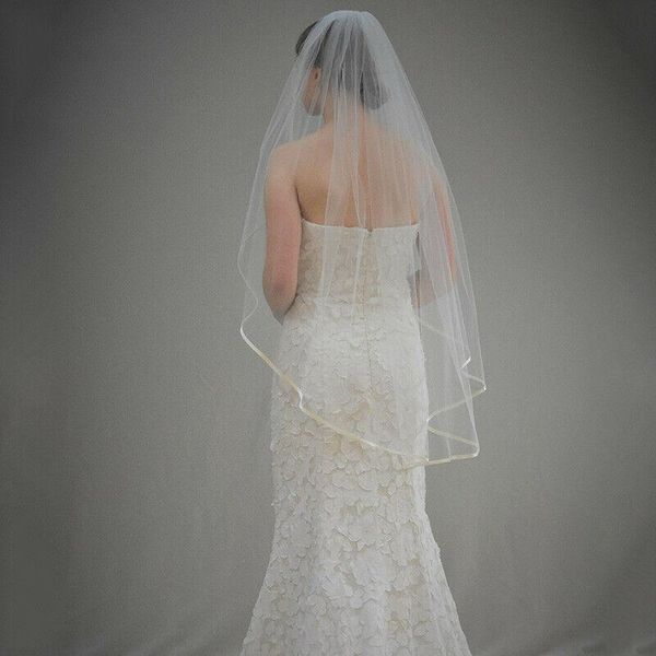 

bridal veils single layer waltz fingertip length black ivory veil with 1/4" satin edge