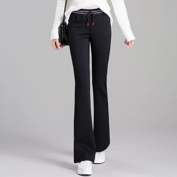 

women's pants & capris pockets black high waist skinny flared for women loose wild trousers female fashion tide elasticity casual, Black;white