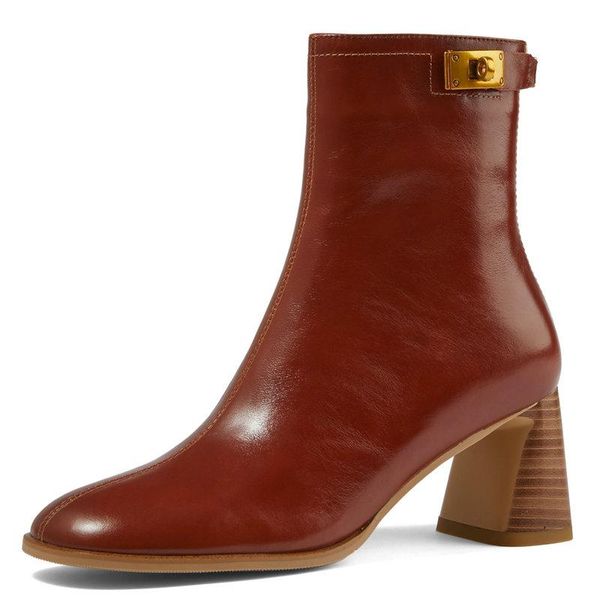 

boots punk retro ankle genuine leather metal decoration high heels for women 2021 est office lady shoes woman, Black