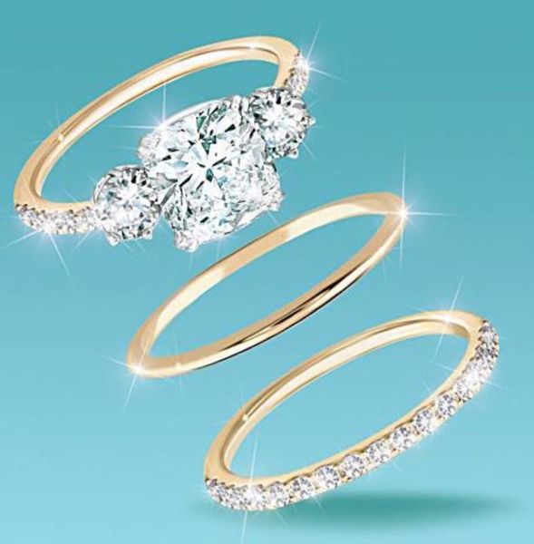 

gold square zircon with white diamond three piece fashion ring, Black