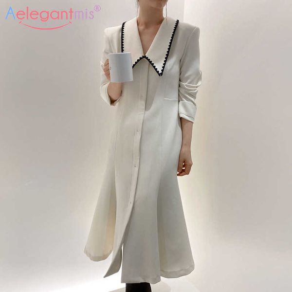 AELEGANTMIS Корейский повседневная элегантное ретро длинное белое платье женщины отключить воротник женский цвет блокировки черные Vestidos Mujer 210607