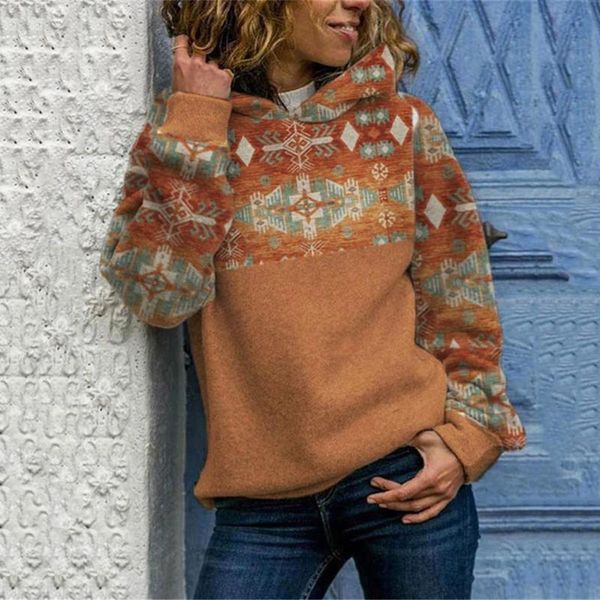 

women's hoodies & sweatshirts plus size women fashion ethnic geometric printed pullover long sleeve sweatshirt autumn winter warm hoode, Black
