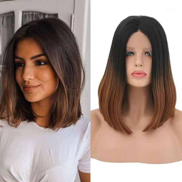 

wigs ombre brown bob dark roots synthetic hair heat resistant fiber african cosplay lace front wig for black women1