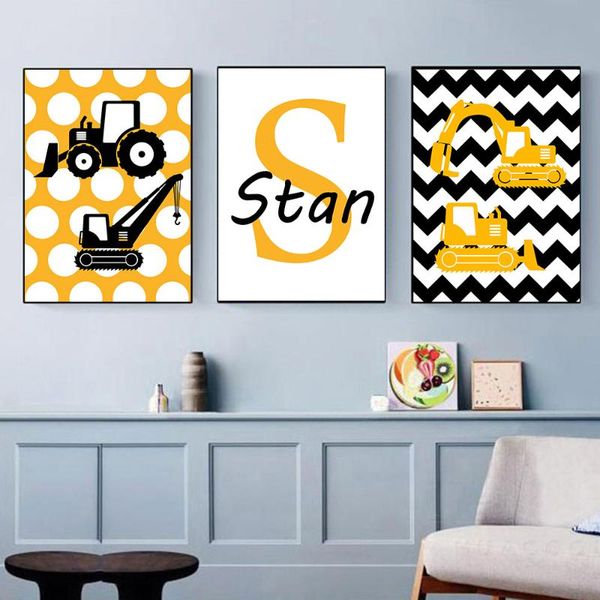 

paintings boy's personalized name bulldozer excavator canvas painting art poster nursery wall print nordic pictures kids home