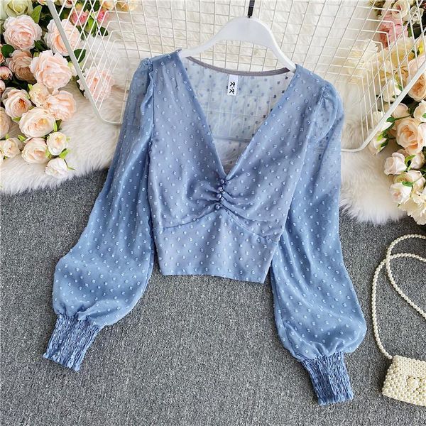 

women's blouses & shirts summer female pullshirt chiffon v-neck dot overshirt long puff sleeve thin short blouse elegant blusas feminin, White